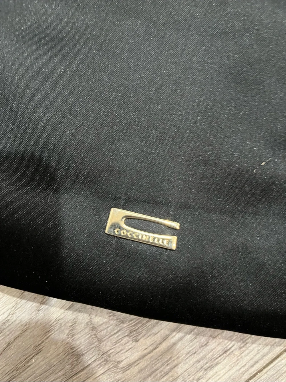 Black Satin Clutch with Beaded Gold Chain Strap by Coccinelle